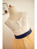Ivory Lace Champagne Tulle Tea Length Flower Girl Dress